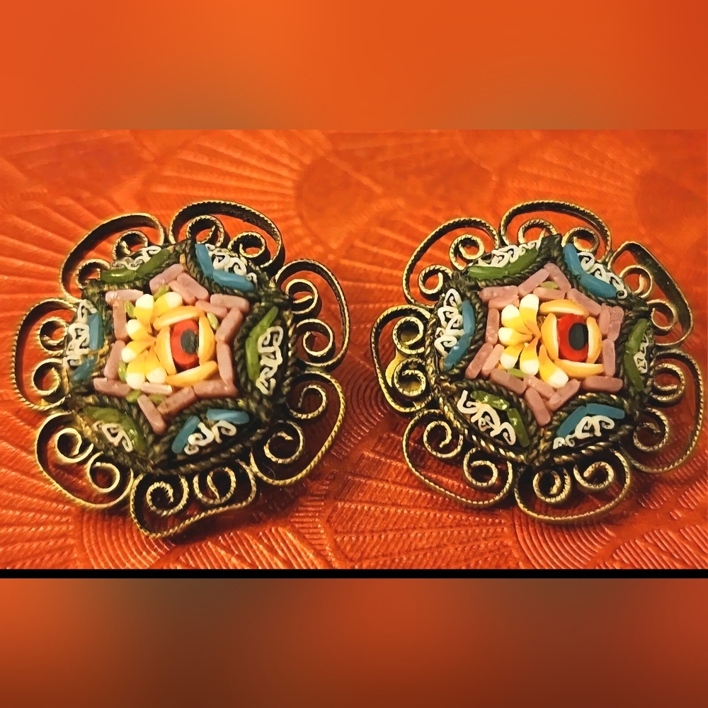 MICRO MOSAIC MILLEFIORI  ITALY FRAMED CLIP-ON EARRINGS-SIGNED 3/4" RARE#125
